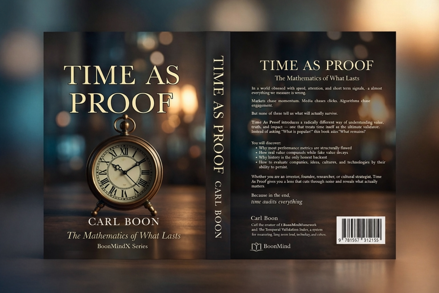 Book cover for 'TIME AS PROOF: The Mathematics of What Lasts'. Front: Title and author. Back: Provocative text about time as the ultimate validator of value, critiquing short-term metrics and introducing a framework for measuring what lasts.