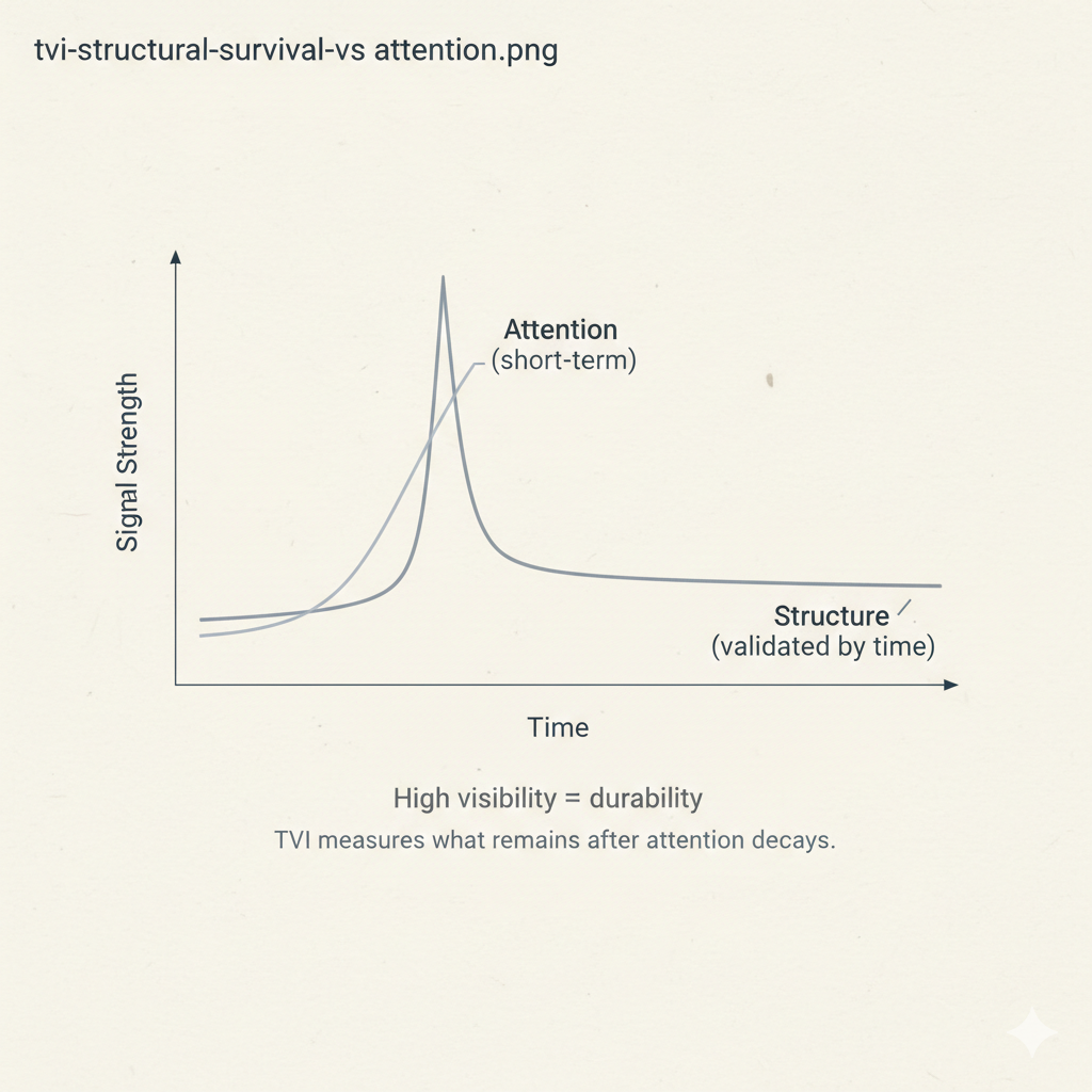 Diagram showing early noisy signals passing through a temporal dark forest filter where time and stress remove weak signals, leaving only durable validated survivors.