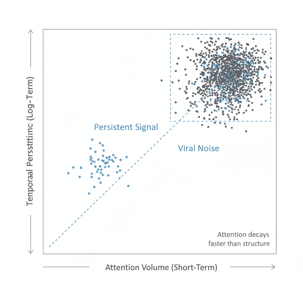 Scatter plot comparing short-term attention volume with long-term temporal persistence; a dense cluster of viral noise contrasts with a smaller cluster of persistent signals, showing attention decays faster than structure.