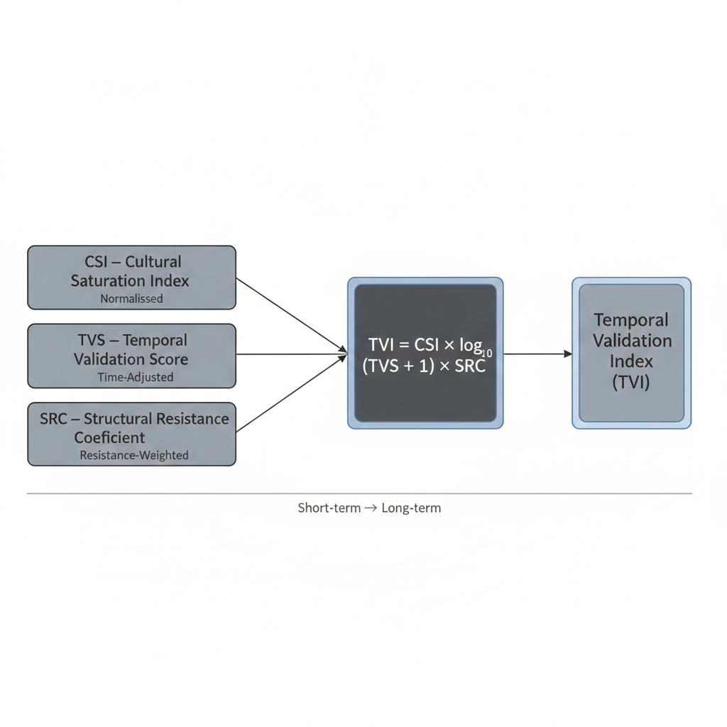 Diagram showing the TVI methodology: CSI, TVS, and SRC feed into TVI = CSI × log10(TVS + 1) × SRC, producing the Temporal Validation Index over a short-term to long-term timeline.